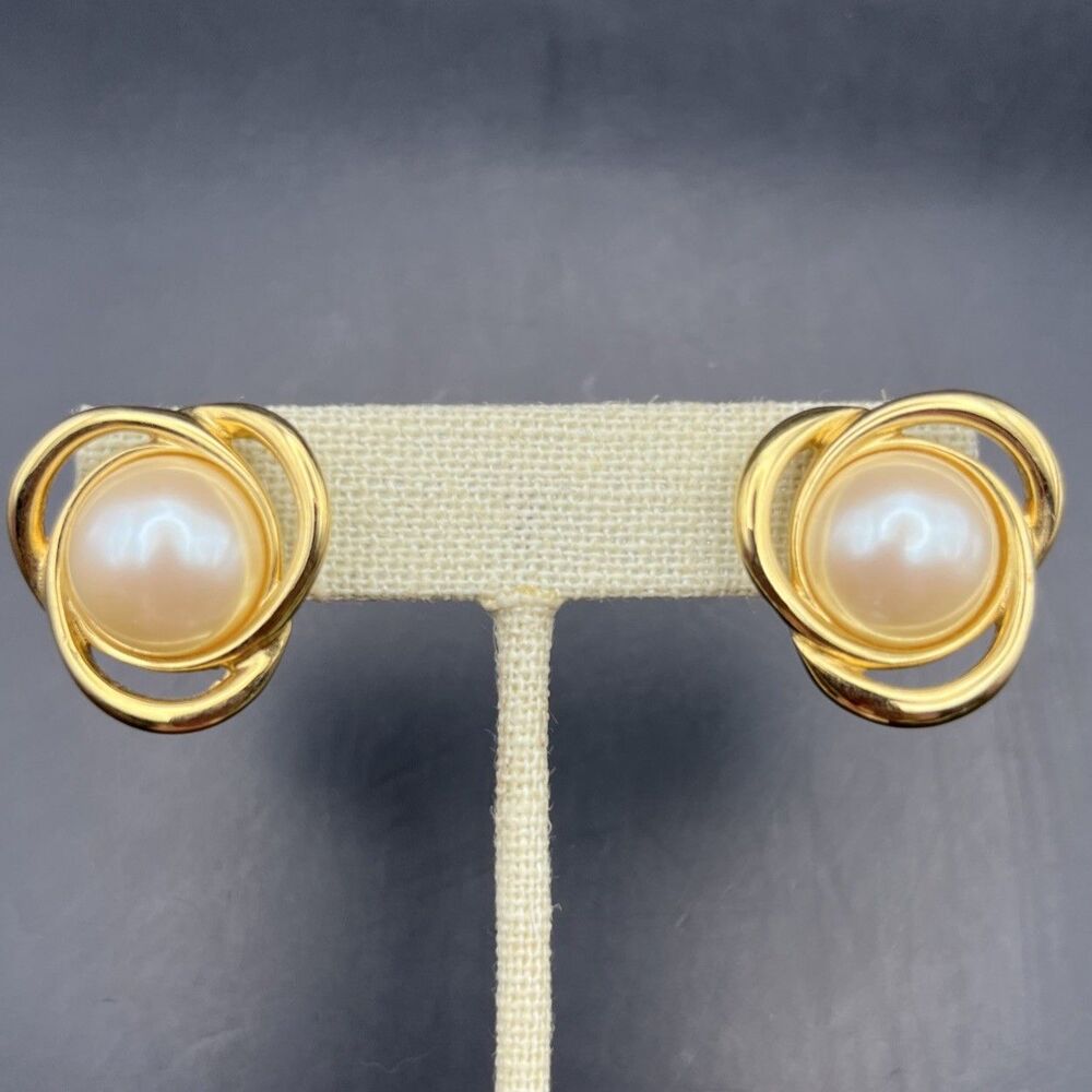 Vintage Monet Faux Pearl Earrings Swirl Knot Gold Tone Classic Chunky Pierced